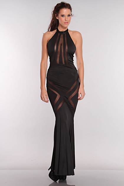 Black Mesh Cut Out Maxi Dress